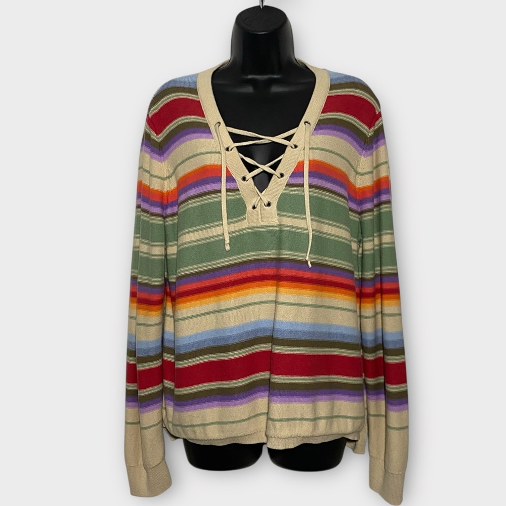 Chaps Multicolor Striped Lace-Up Long Sleeve Sweater XL Petite